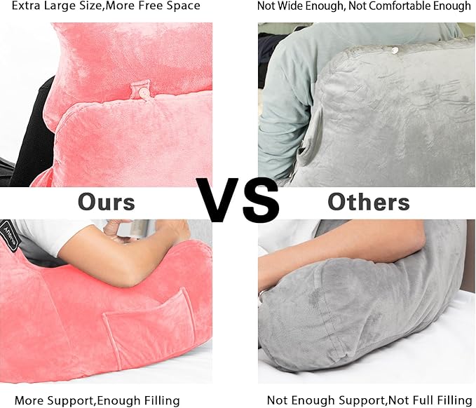 SLIGUY Reading Pillow for Sitting in Bed Couch Adult, Back Pillow with arm Support and Pockets, Adult Back Pillow Bed Chair for Rest, Reading, Watching TV, Gaming for Boys and Girls Pink