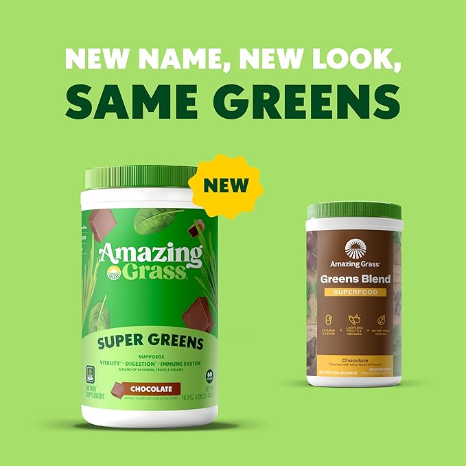 Amazing Grass Greens Superfood Powder: Greens Powder with Digestive Enzymes & Probiotics, Organic Spirulina, Chlorella, and Beet Root Powder, Chocolate, 60 Servings