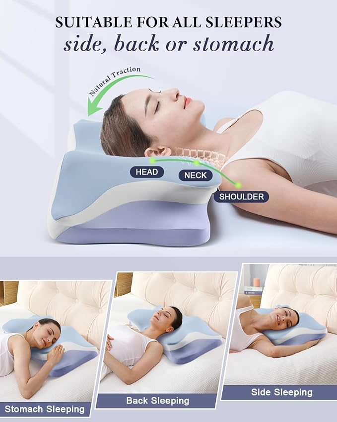 Cervical Pillow for Neck Pain Relief, Cooling Ergonomic Memory Foam Pillows for Sleeping with Luxury Anti-pilling Pillowcase, Contour Orthopedic Neck Support Pillow for Side Back Stomach Sleepers-Blue