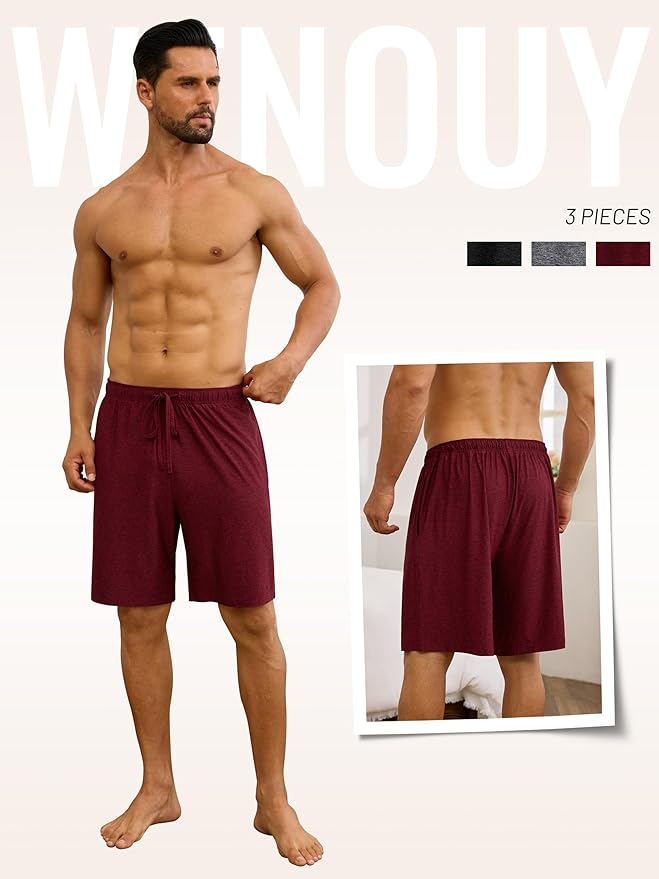 3 Pack Mens Pajama Shorts, Soft Sleep Shorts with Pockets Elastic Waist Drawstring Lounge Dry Fit Sleepwear Bottoms