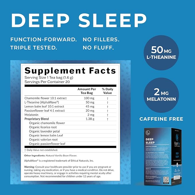 CogniTea Deep Sleep Tea with Melatonin, L-Theanine, Valerian, Chamomile, Lemon Balm and Passionflower for Night Time Rest