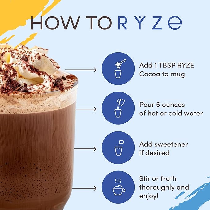 RYZE SUPERFOODS Mushroom Hot Cocoa Melatonin Sleep Supplement, Keto Cocoa Powder with Reishi Mushroom, Melatonin, Glycine, Cacao, L-Theanine, Chicory to Help Fall Asleep and Stay Asleep, 20 Servings