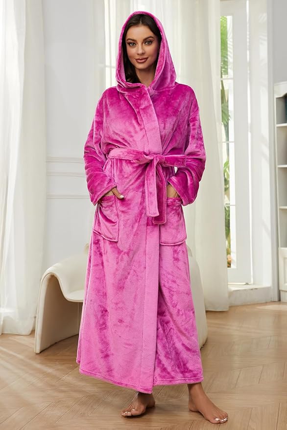 HEARTNICE Womens Long Hooded Robe, Soft Warm Fleece Bathrobes Full Length Plush House Coat