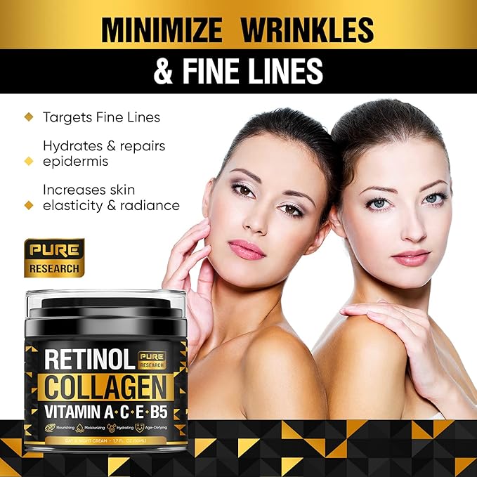 Retinol Face Cream – Natural Anti-Wrinkle Cream – Anti-Aging Facial Moisturizer with Collagen & Hyaluronic Acid - Hydrate, Renew and Protect Your Skin 1.7oz