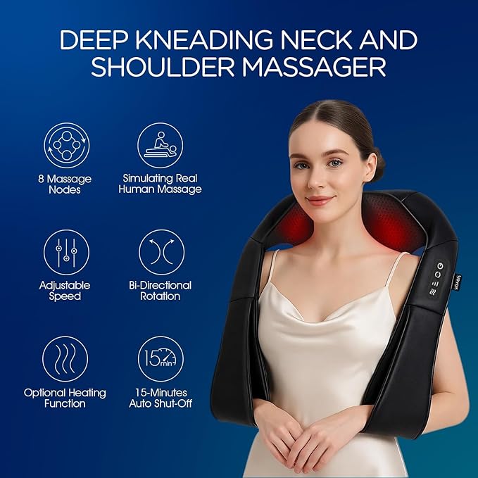 VOYOR-HEALTH Shiatsu Neck and Back Massager with Heat, Electric Deep Tissue 4D Kneading Massage for Shoulder, Back, Neck and Full Body Muscle Pain Relief, Home, Car, Office Use (Blue Grey)