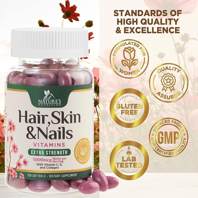 Hair, Skin & Nails Vitamins for Women - Biotin 5000mcg to Support Hair Growth with Argan Oil, Collagen & Hyaluronic Acid, Beautiful, Stronger Skin, Hair & Nails Vitamin Supplement - 120 Softgels