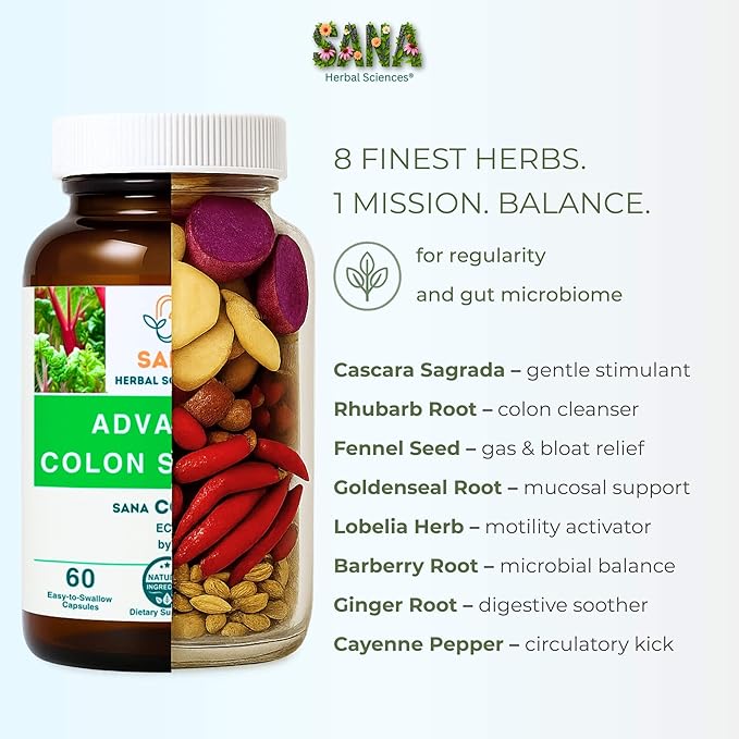 Natural Stool Softener - Safe for Daily Use, Postpartum | Ultra Gut Daily Colon Cleanse, Constipation Relief for Adult and Senior Women & Men | 60 Herbal Laxative Pills | Sana Herbal