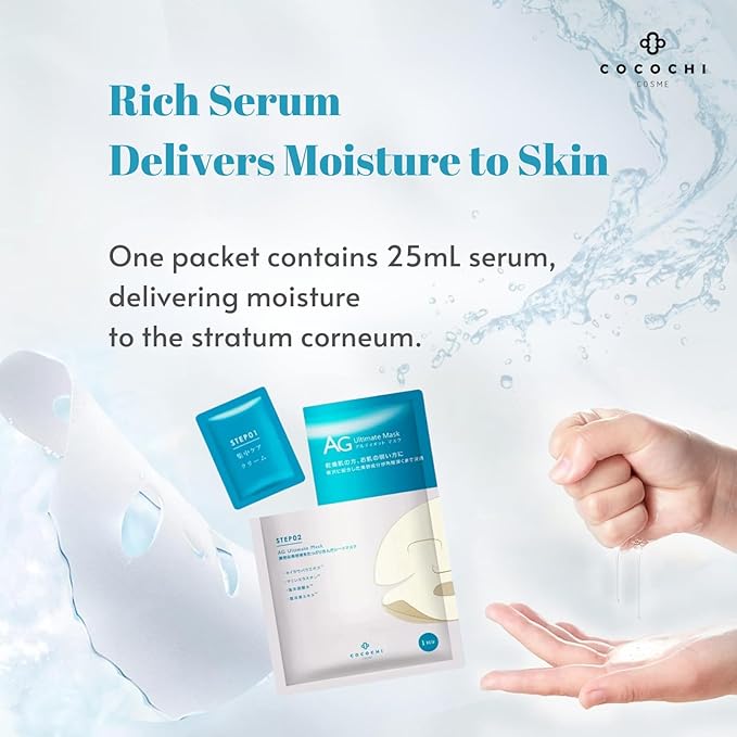 COCOCHI 5 Sheet 2-STEP Facial Mask Sheet for Dry, Sensitive Skin for Women with Vitamin C Serum, Face Sheet Mask by Collagen, Ceramide & Peptide, Hydrating Face Mask from Japan, AG Ultimate OCEAN