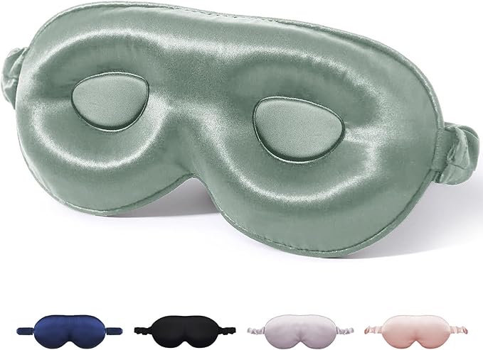 100% Mulberry Silk Sleep Mask for Unisex, 22 Momme 3D Silk Contoured Eye Mask, Breathable Light Blocking Blindfold with Adjustable Strap, Blackout Eye Cover for Travel, Grayish Green