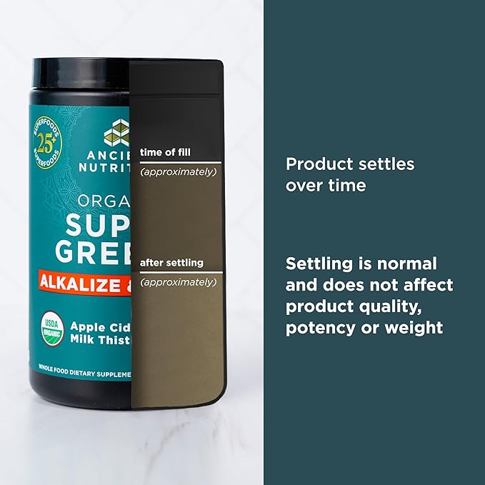 Ancient Nutrition Supergreens Alkalize & Detox Powder, Organic Superfood Powder Made from Real Fruits, Vegetables and Herbs, for Digestive and Energy Support, 25 Servings, 7.5oz