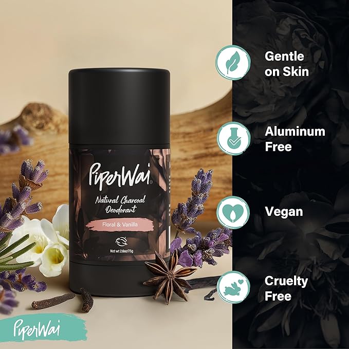 PiperWai Natural Deodorant w/Activated Charcoal | Odor Protection, Vegan, Aluminum Free, Shark Tank Product for Women & Men | Great for Travel, & Gifts | 2.6 oz (75g) Floral Vanilla Scented Stick