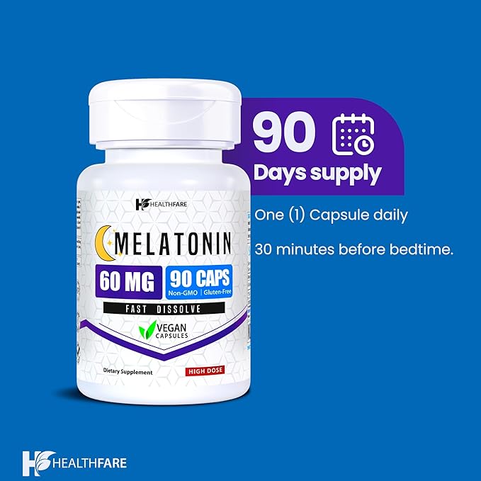 Melatonin 60mg | 90 Veg Capsules | High-Strength Formula | Vegetarian, Non-GMO, Gluten-Free | Made in The USA