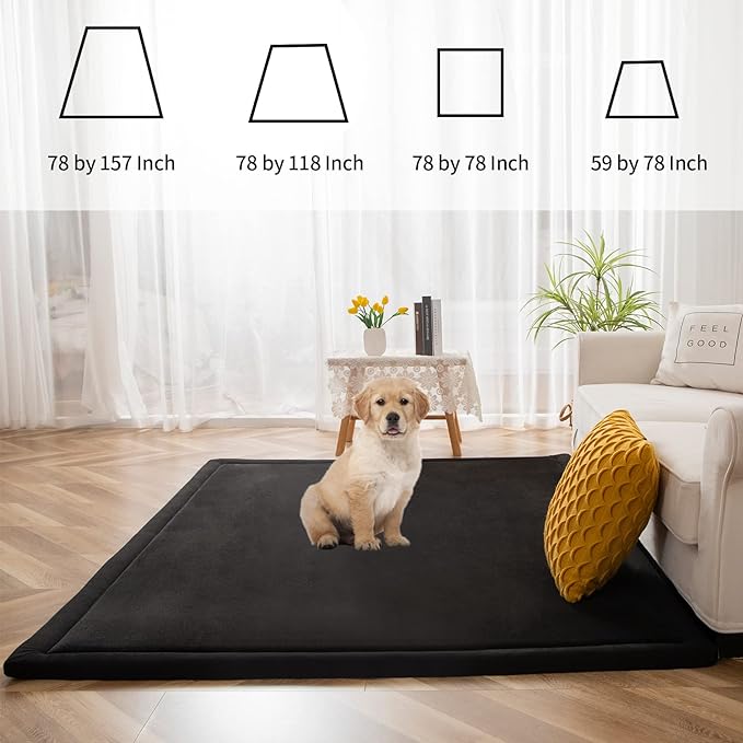 MAXYOYO Black Coral Velvet Area Rug, Thick Japanese Tatami Mat Living Room Carpet with Non-Slip Backing, Large Solid Color Mat for Bedroom Dormitory Yoga, 59 by 78 inch