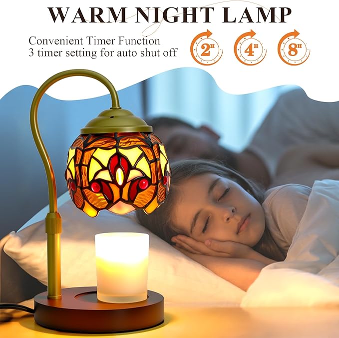 Tiffany Style Candle Warmer Lamp with Timer, Dimmable Stained Glass Candle Lamp Warmer, Birthday Gifts for Mom Women Friend Sister Baroque Wax Melt Warmer with 2 Bulbs for Home Deco