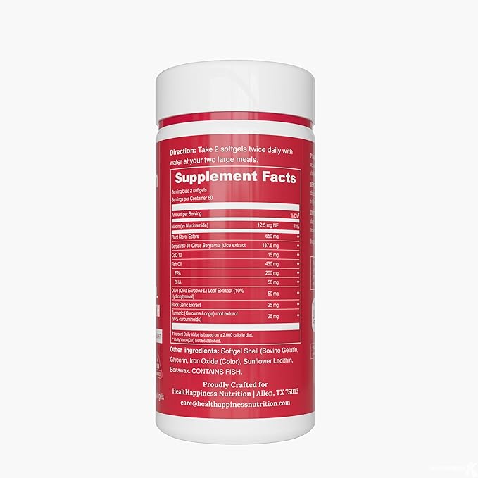 UpNourish Plant Sterols Citrus Bergamot Supplement with CoQ10, Omega 3, Olive Leaf, Turmeric Curcumin, Black Garlic and Niacin - 120 Softgels