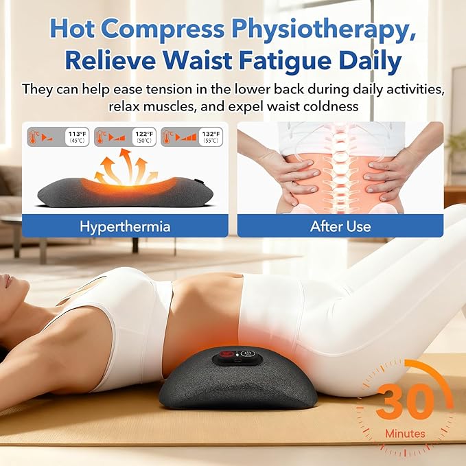 3-in-1 Multifunctional Battery-Powered Lumbar Pillow for beds and Chairs, Back Massager with Heating Massage and Stretching, deep Tissue Massager for Pain Relief