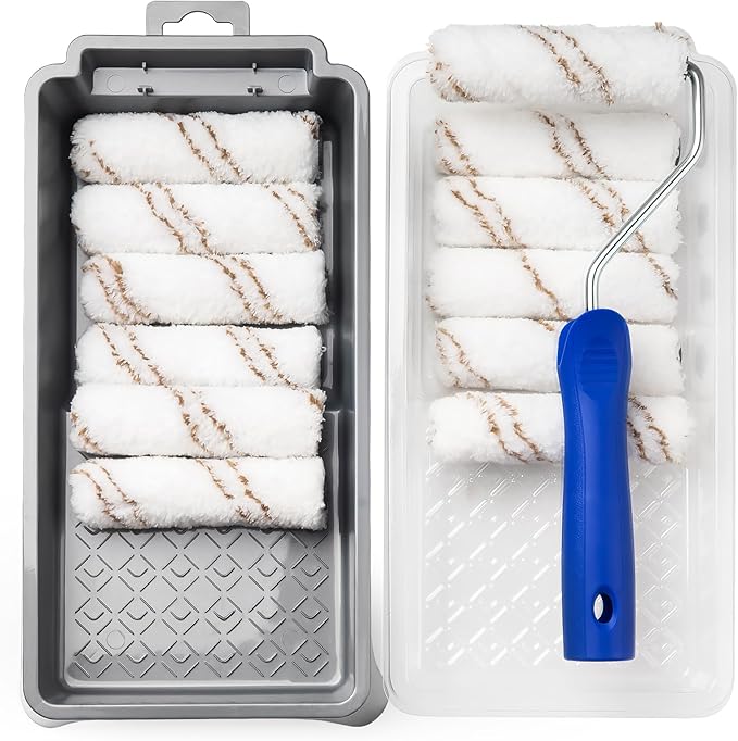 Mister Rui Paint Roller Kit, 16 Pack, 4 Inch Microfiber Paint Rollers, Small Paint Roller Covers, Disposable Paint Tray Liner and Frame, Mini Rollers for Painting Walls, Doors, Cabinets
