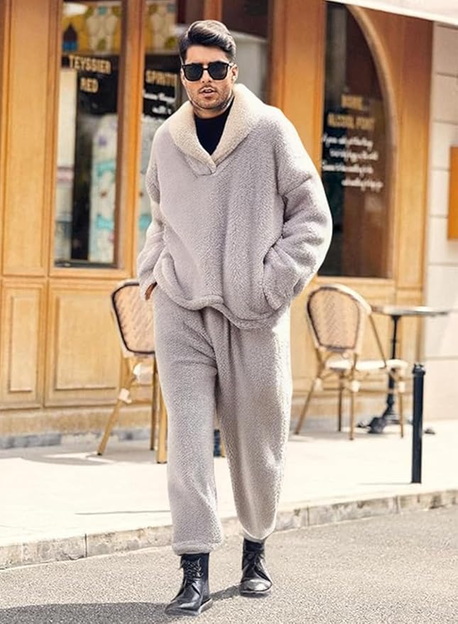 Peaceglad Mens Fluffy Coral Fleece Pajamas Set Pullover Pants Loose Plush Warm Loungewear Sleepwear