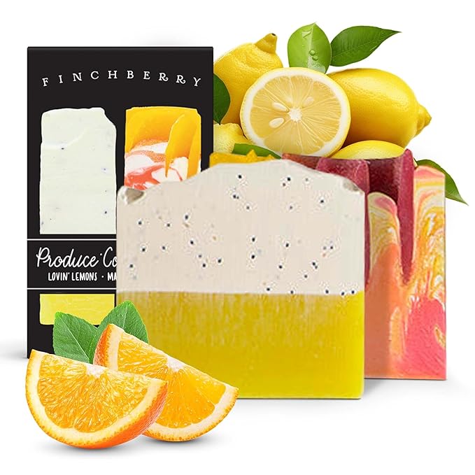 FinchBerry Natural Soap 2-Bar Set (Main Squeeze & Lovin Lemons) - Handmade, Vegan, Moisturizing, Cleansing Soap with Shea Butter, Olive & Coconut Oil to Hydrate & Soften Skin, Pack of 2 (4.5 oz each)