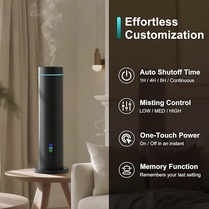 Waterless Diffuser, 1000 Sq.Ft Coverage, Essential Oil Diffuser with Tilt-Safe, Remote Control, Adjustable Mist Mode, Mood Lights Aromatherapy Diffuser for Home, Large Room, Office, Hotel, Black