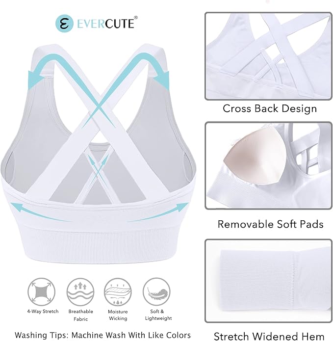 Evercute Sports Bra for Women Padded Medium Support Criss Cross Strappy Bras Seamless High Impact Yoga Exercise Athletic Bras