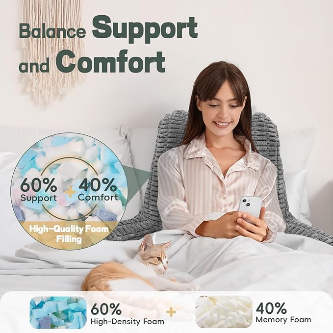 21" Higher Large Reading Pillow for Bed Adult, Back Pillow for Bed Sitting Up with Memory Foam Back Support with Arms Rest for Couch Chair Gray