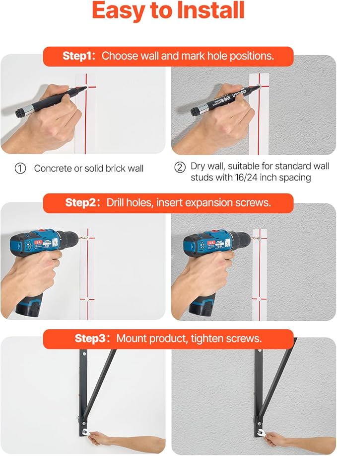 VEVOR Pull Up Bar, 50 in Width Wall Mounted Pull Ups, Adjustable Depth 22" or 30" from Wall, Heavy Duty Steel Upper Body Workout Bars, 440 lbs Weight Capacity Chin Up Training Station, for Home Gym