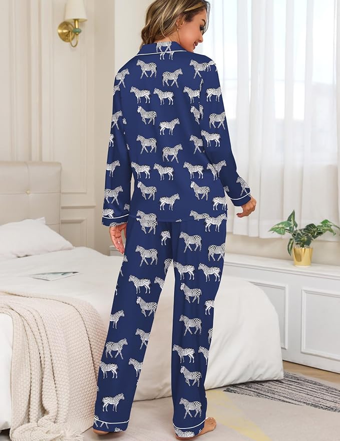 Veseacky Womens Satin Pajama Set Silk Pjs Button Down Long Sleeve Sleepwear Loungewear Sleepwear 2 Piece Pjs Set S-XXL
