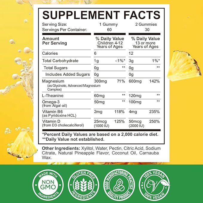 Magnesium Complex Gummies- Calm Chewable Gummies for Kids & Adults- Magnesium Glycinate Supplement-w/Omega-3, Vitamin B6, D3- Support Calm Stress Relief, Bones, Mood, Pineapple Flavor