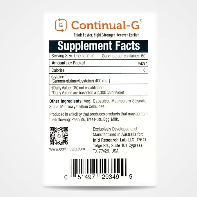 CONTINUAL - G Glyteine 400 mg Capsules | Cellular‑Enhancing Glutathione Supplement | Powerful Antioxidant Support | 30‑Day Supply (60 Capsules)