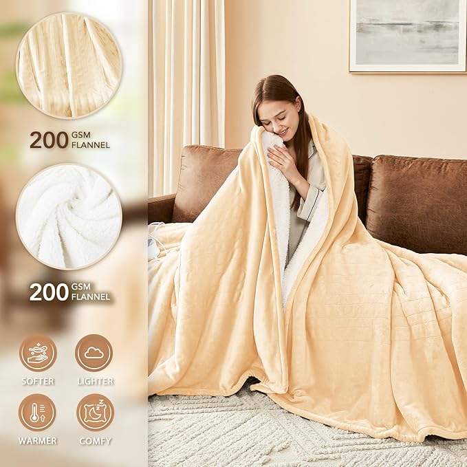 Homemate Heated Electric Blanket Queen Size - 84"x90" Heating Bed Blanket Throw with 10 Heating Levels 8 Hours Auto Off Fast Heating Over-Heat Protection Ultra Soft Flannel ETL Certified, Beige