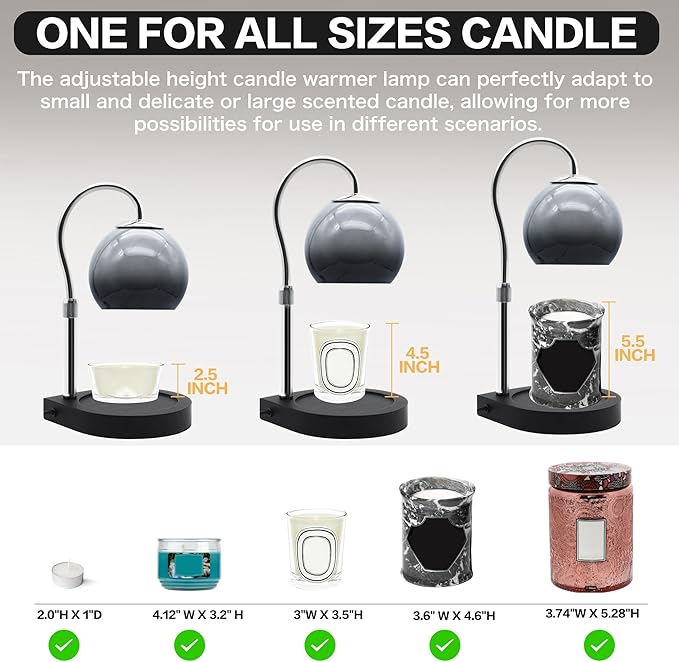 Candle Warmer Lamp with Timer 2H/4H/8H, Adjustable Height, Dimmable Candle Lamp with 2 Bulbs, Wax Melt Warmer for Jar Candles, House Warming, Home Decor, Birthday Gifts for Women, Mom(Black)
