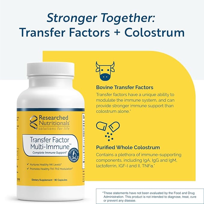 Transfer Factor Multi-Immune Support Supplement - Clinically Researched Immune Support Formula with Colostrum, Mushrooms, Green Tea, and IP-6 - Promotes Healthy NK Cell & T-Cell Function, 90 Capsules