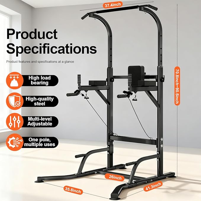 Pull Up Bar and Dip Station Power Tower, Adjustable Height Strength Training Equipment for Home Gym, Multi-Function Workout Machine