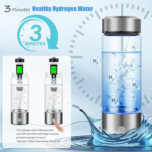 Upgrade Hydrogen Water Bottle,1800PPB Portable Hydrogen Water Bottle Generator with SPE PEM Tech,14OZ Hydro Water Ionizer Machine,Hydrogen Water Cup for Home Office Travel & Fitness