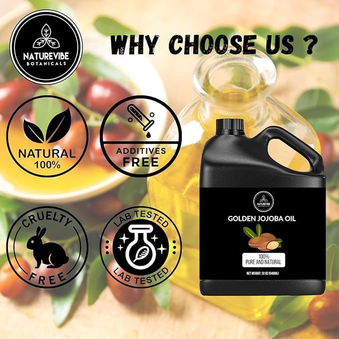 Naturevibe Botanicals Golden Jojoba Oil 32 oz โ 100% Pure, Cold-Pressed Moisturizer for Skin & Hair | Antioxidant-Rich, Non-Greasy, Carrier Oil & Daily Hydration