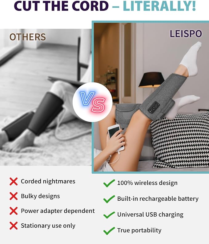 Wireless Leg Massager - Air Compression Cordless Calf Massager with Heat for Circulation, Pain Relief, and Recovery, 4 Modes & 3 Intensities, Portable and Adjustable (Gray, Set of 2)