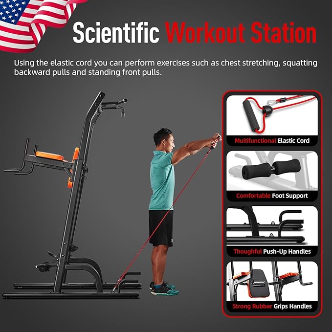 HARISON Multifunction Power Tower with Bench, Heavy Duty Pull Up Bar Dip Station for Home Gym Workout Strength Training Fitness Equipment
