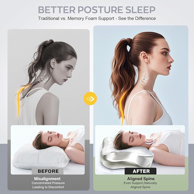 Pain Relief Cooling Pillow for Neck Support Adjustable Cervical Pillow Side Sleeping Memory Foam with Super Soft and Cooling Satin Pillowcase White