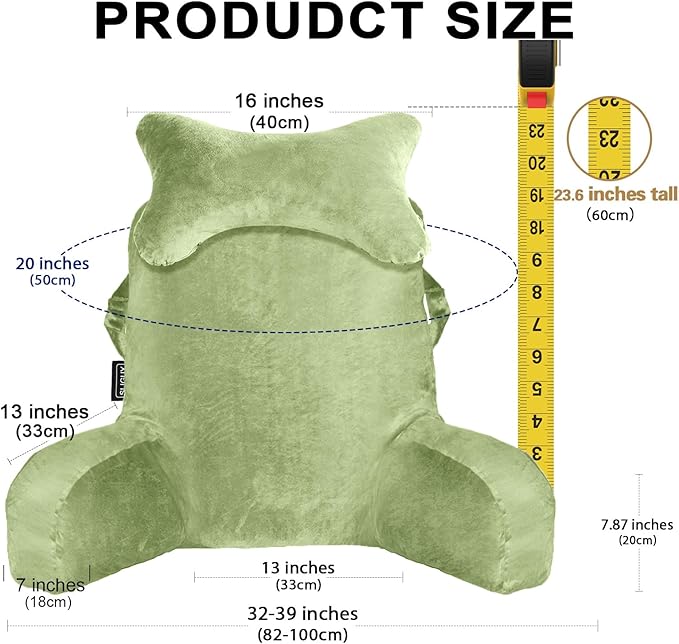 SLIGUY Reading Pillow for Sitting in Bed Couch Adult, Back Pillow with arm Support and Pockets, Adult Back Pillow Bed Chair for Rest, Reading, Watching TV, Gaming for Boys and Girls Green