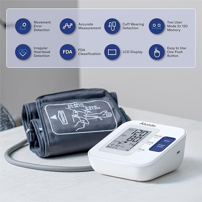 Alcedo Blood Pressure Monitor for Home Use, Automatic Upper Arm BP Machine with Large Cuff 8.7" -16.5", 2X 120 Memory