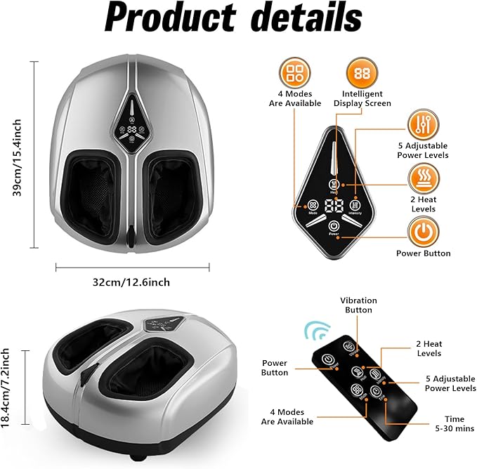 Shiatsu Foot Massager with Heat,Vibration,Air Compression and Deep Kneading,4 Modes + 2 Heat Levels + 5 Intensities,Quiet Design and Washable Sleeves,Present for Women and Men