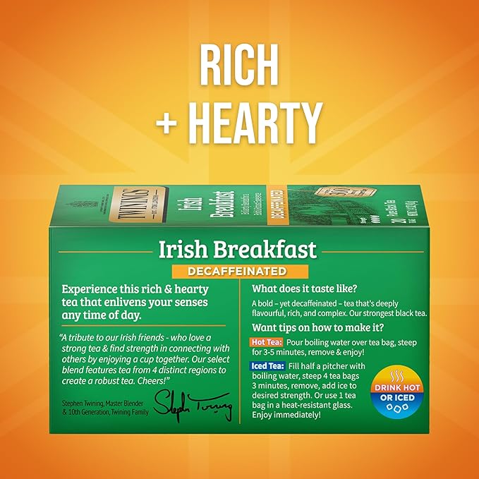 Twinings Decaffeinated Irish Breakfast Black Tea Individually Wrapped Bags, 20 Count (Pack of 1), Flavourful, Robust, Enjoy Hot or Iced, 20 Teabags