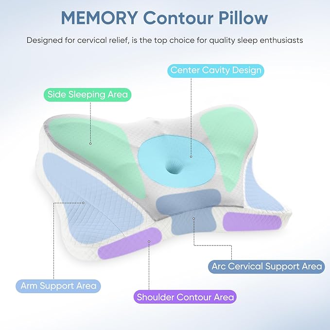 DUMOS Cervical Neck Pillow Set of 2, Cooling Memory Foam Contour Pillow with Arm Rest Slot and Ice Silk Pillowcase, Ergonomic Dual-Height Orthopedic Support for Side, Back, and Stomach Sleepers, Grey