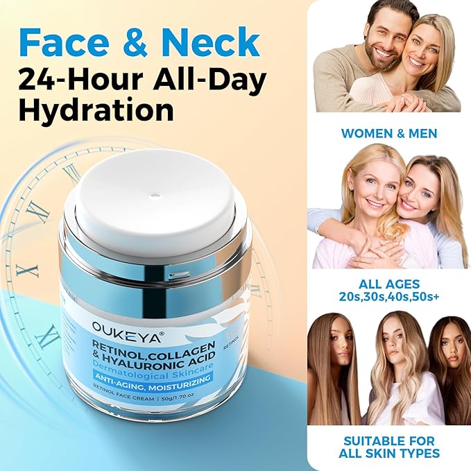 OUKEYA Retinol Cream for Face,Wrinkle for Women, Anti-Aging Moisturizer, Neck Firming & Décolleté, Moisturizer Face Cream, Day Night with 5% Hyaluronic Acid