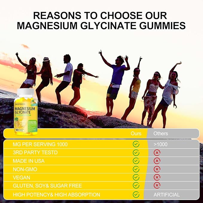 Magnesium Glycinate Gummies 1000mg - Sugar-Free Magnesium Potassium Supplement with Vitamin D, B6, CoQ10 for Adults & Kids,High Absorption for Calm Mood & Sleep Support - 60 Pineapple Gummies
