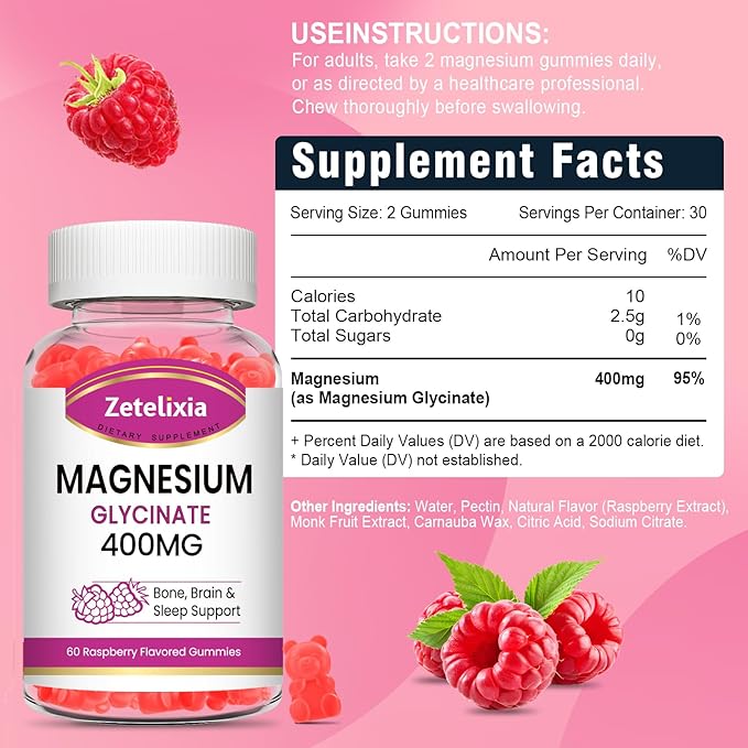 2 Pack Magnesium Glycinate Gummies, High Absorption Magnesium Glycinate Supplements for Relaxation, Sugar Free Chews for Adults & Kids, Relax Mood, Raspberry Flavor, 120 Count