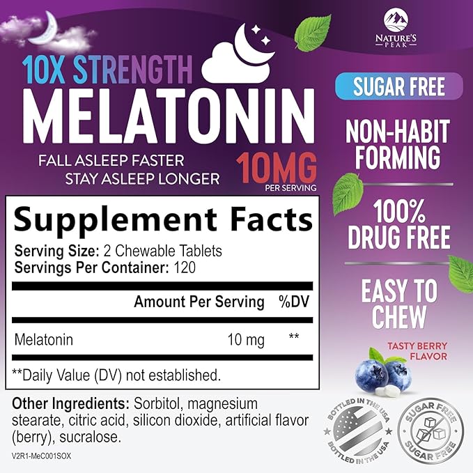Melatonin 10mg Fast Dissolve Supplements, Sleep Support Supplement for Adults - Extra Strength 10 mg Melatonin Tablet for Restful Sleep Support, Strawberry Flavor, Sugar-Free Non-GMO - 240 Tablets