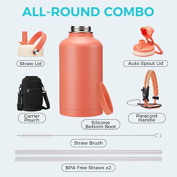 64 oz Water Bottles Insulated - Cold 48H Hot 24H, Half Gallon Water Jug w/ Straw & Spout Lid, Handle Strap Carrier Bag, Leak Proof 2Liter Stainless Steel Thermo Flask for Gym Sports Work Coral Orange