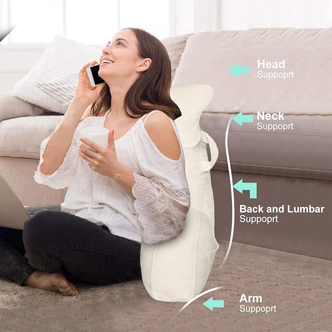 SLIGUY Reading Pillow for Sitting in Bed Couch Adult, Back Pillow with arm Support and Pockets, Adult Back Pillow Bed Chair for Bed Rest, Reading, Watching TV, Gaming for Boys and Girls Beige